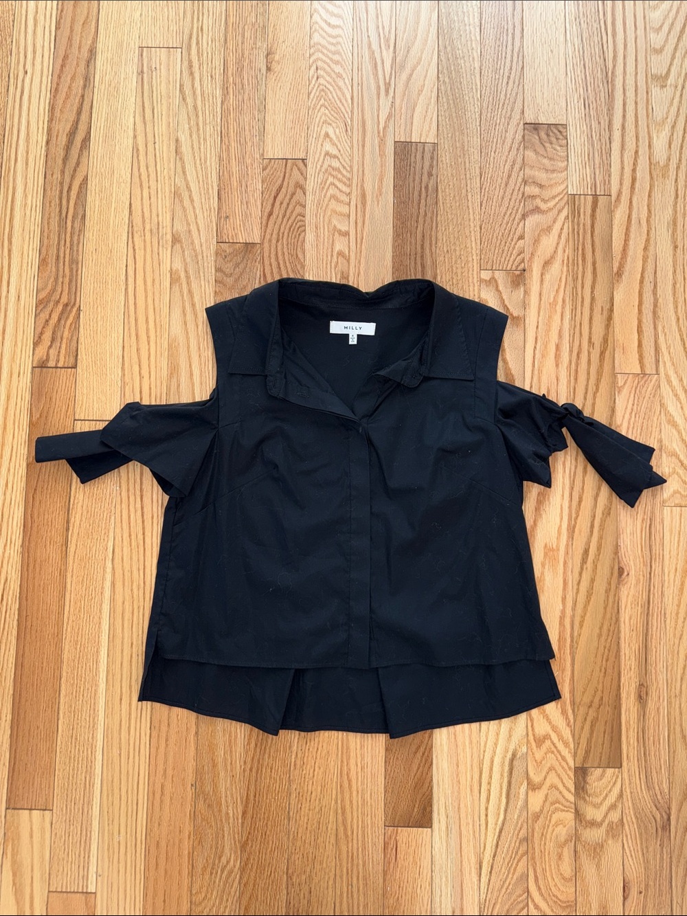 Milly Black Cold-Shoulder Tie-Sleeve Button-Down Shirt